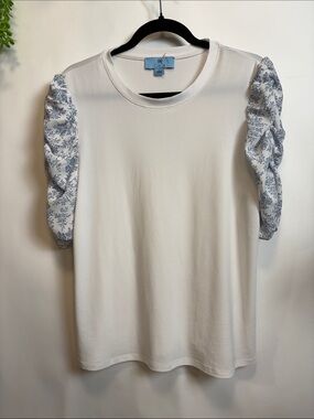CeCe White Tee with Blue Floral Puff Sleeves
